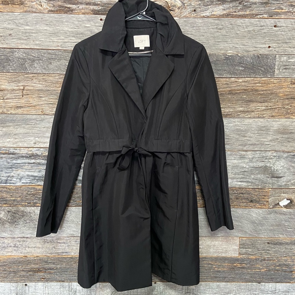 Loft Black Water Resistant Collared Tie Waist Button Jacket